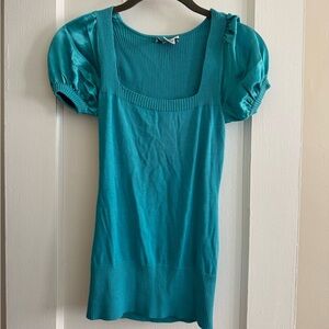 Cache Turquoise Silk Puff Sleeve Blouse